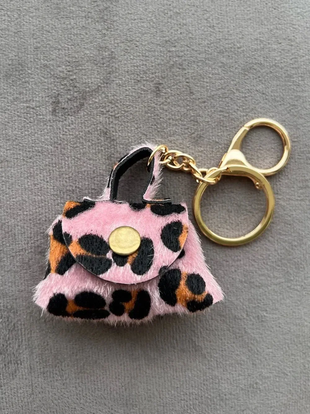 Pink Leopard Print Faux Fur Mini Bag Keychain